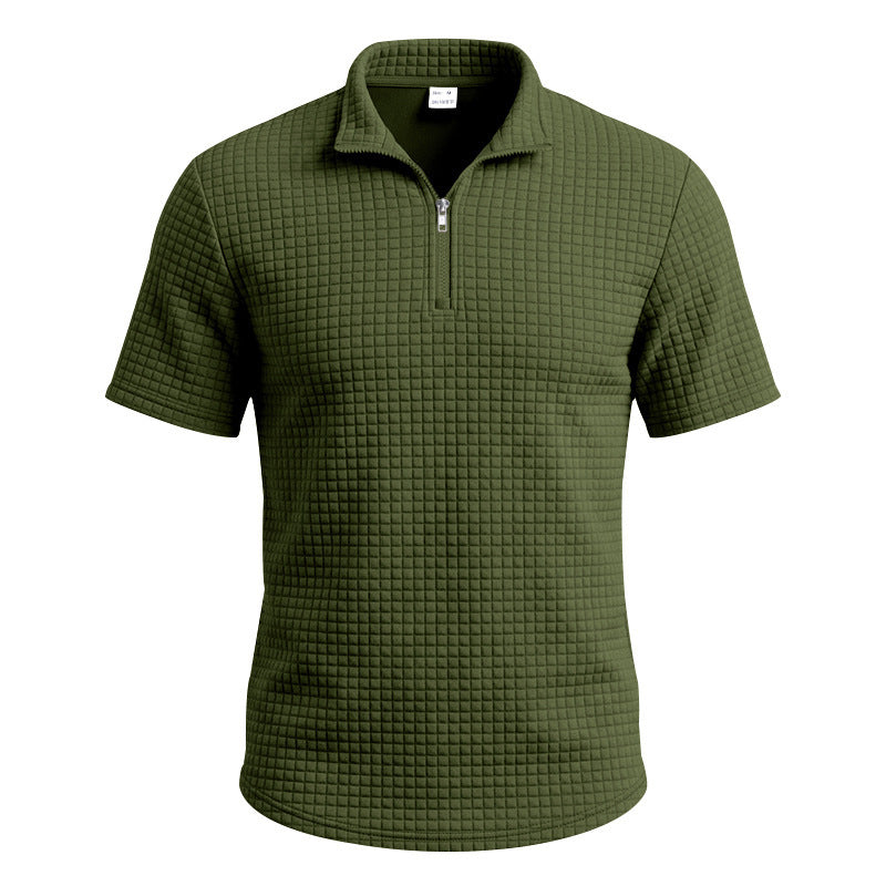 Homme Jacquard Plaid Relaxed-fit Stand-collar Polo manches courtes
