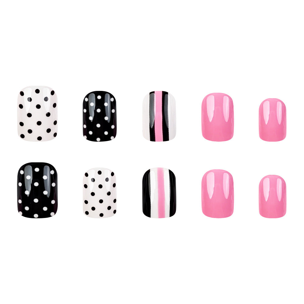 Stickers 24 Pièces de Nail Acrylique Rose Court Carré avec points noirs et rayés