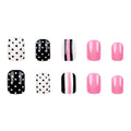 Stickers 24 Pièces de Nail Acrylique Rose Court Carré avec points noirs et rayés