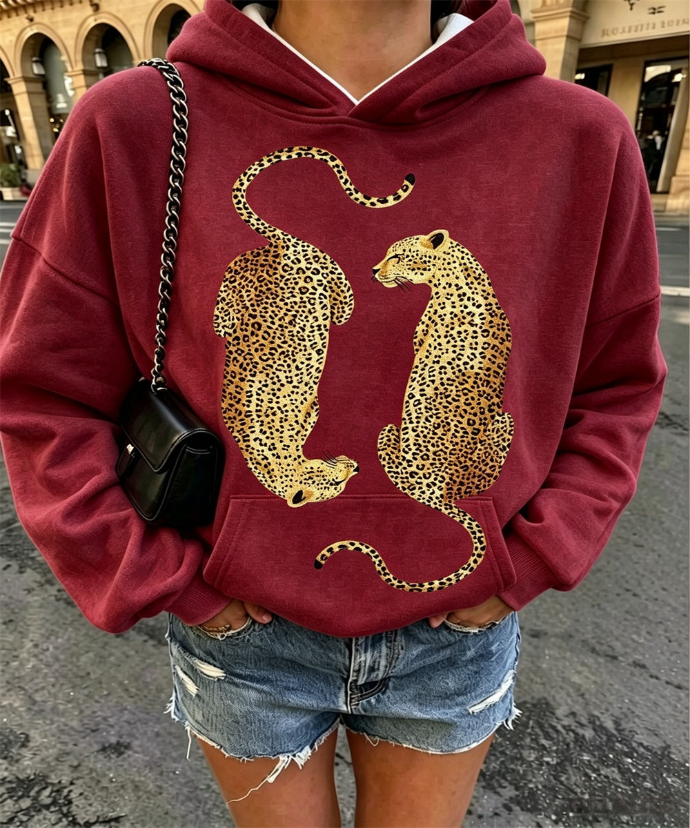 Femme Vintage Deux Léopards Graphic Print Hoodie