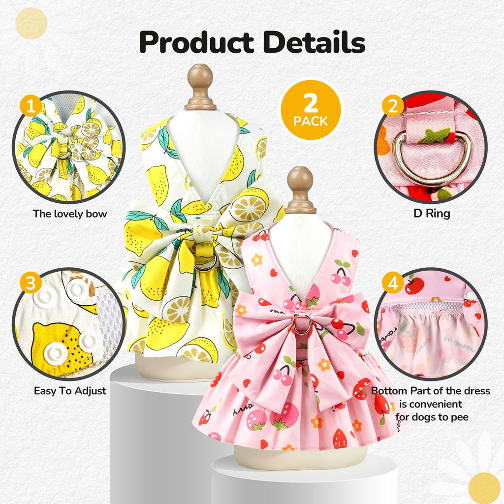 2Pack Robe de Harness pour Petit Chien pour Fille Robe de chat chiot avec motif de fleur Bow réglable