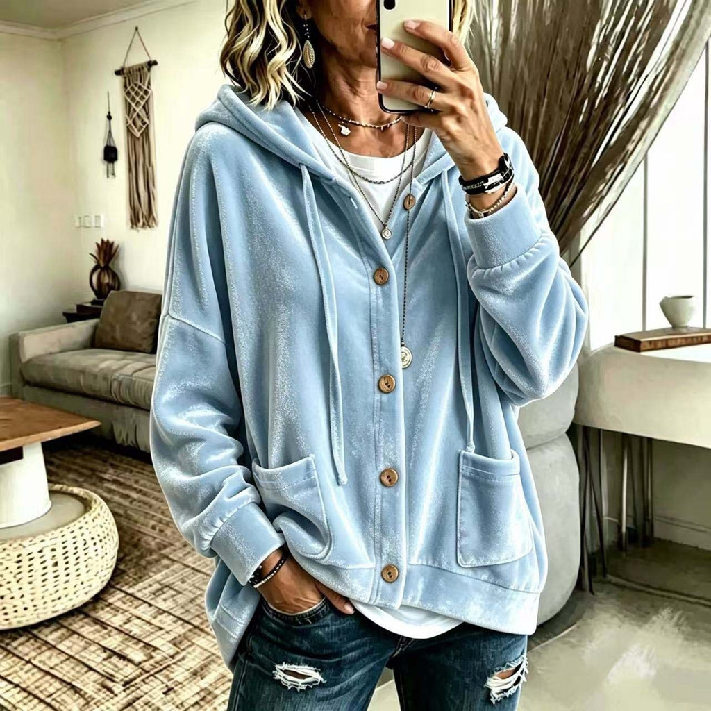 Femmes Automne Veau d'hiver Hoodie Cardigan Bouton avant cordon drawstring manches longues Casual Loose