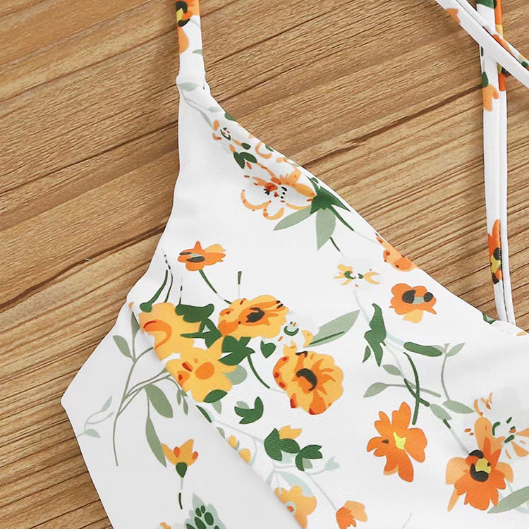 Femme Imprimé Contrasting-Color Drawstring Bikini maillot de bain deux pièces