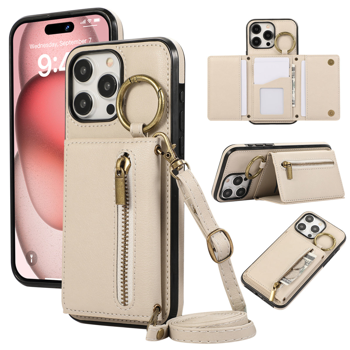 Convient pour IPhone16 Crossbody Mobile Phone Porte-cartes zippées à triple pli