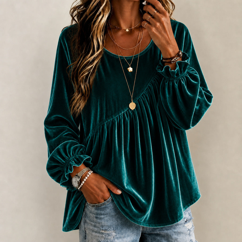Velours de couleur unie Col d'équipage Manches longues Relaxed-fit Asymétrique Ruffled Top