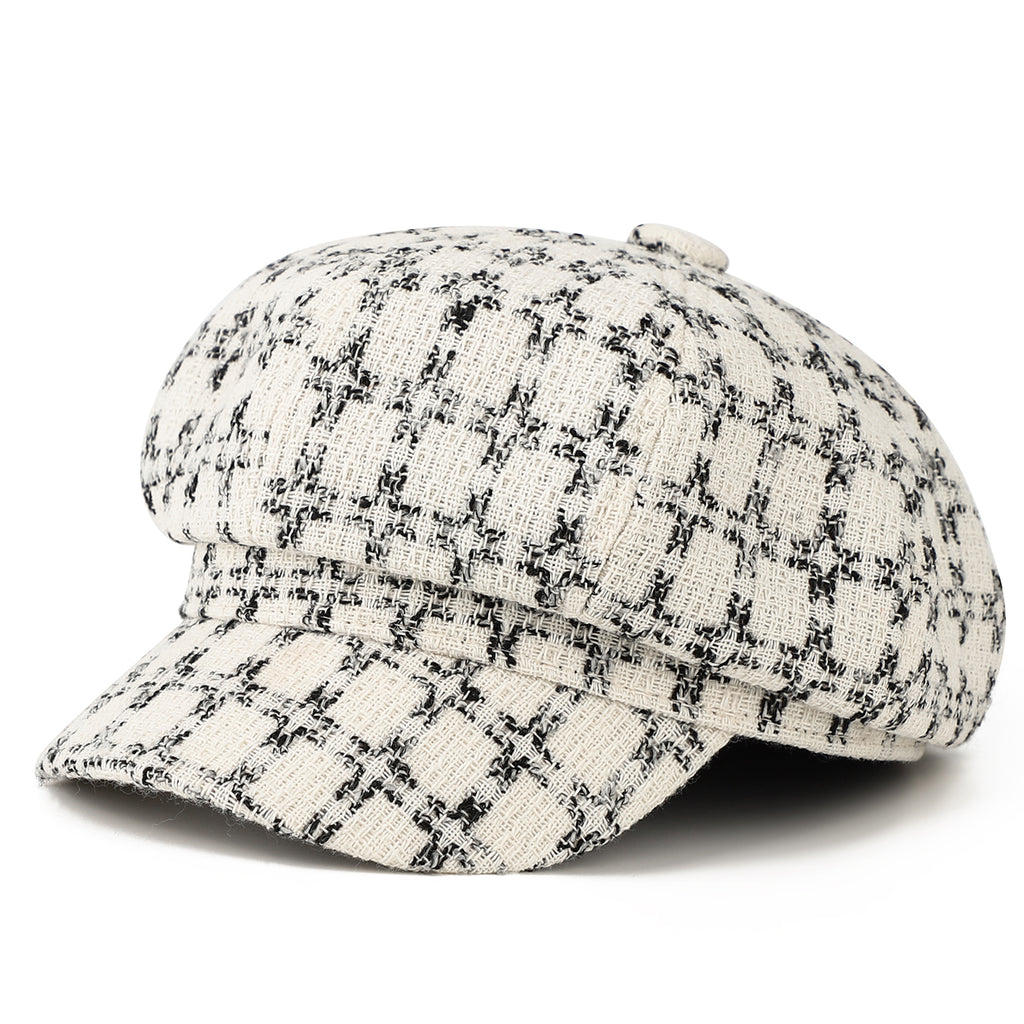 Patterned Tweed Octagonal Newsboy Cap avec un style rétro britannique
