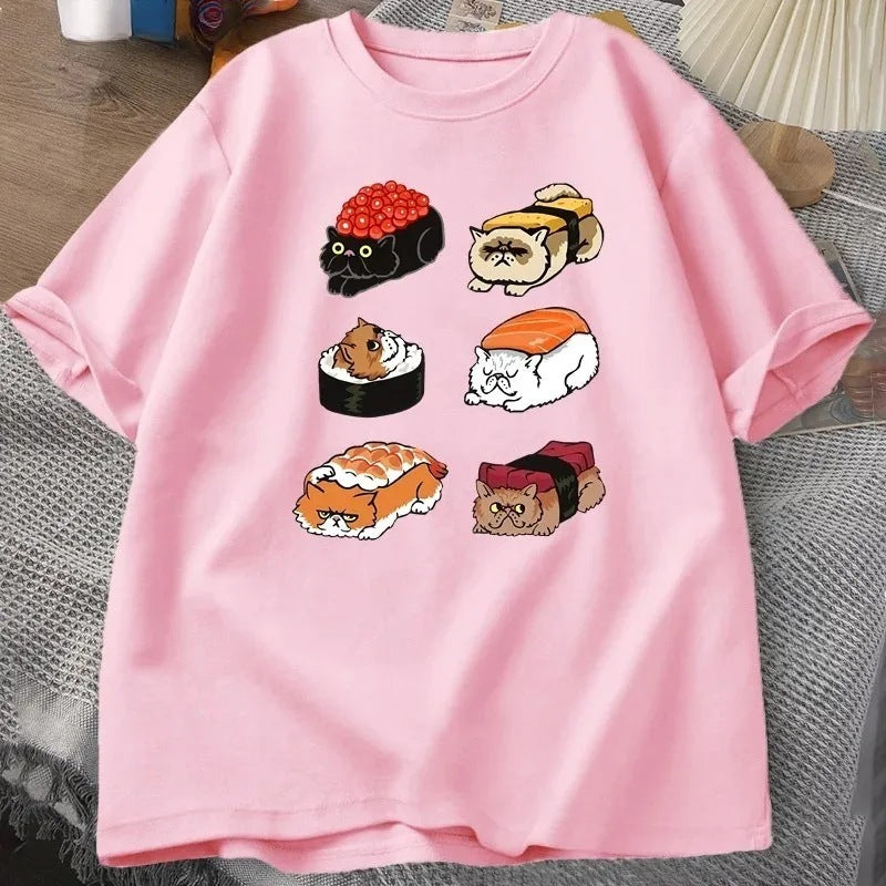 T-shirt Kawaii Cute Cat Sushi pour l'été