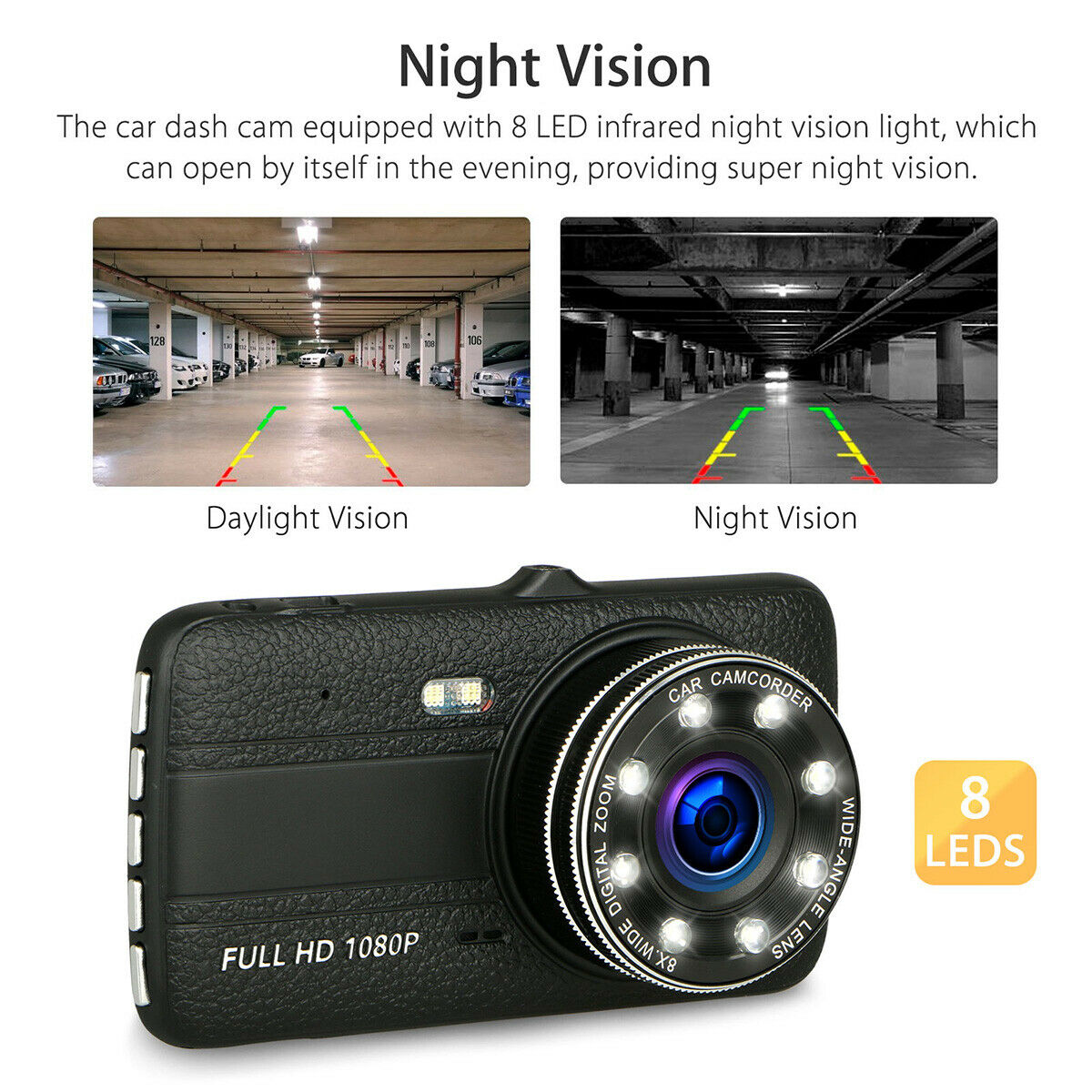 Enregistreur de conduite HD avec 8 feux de vision de nuit