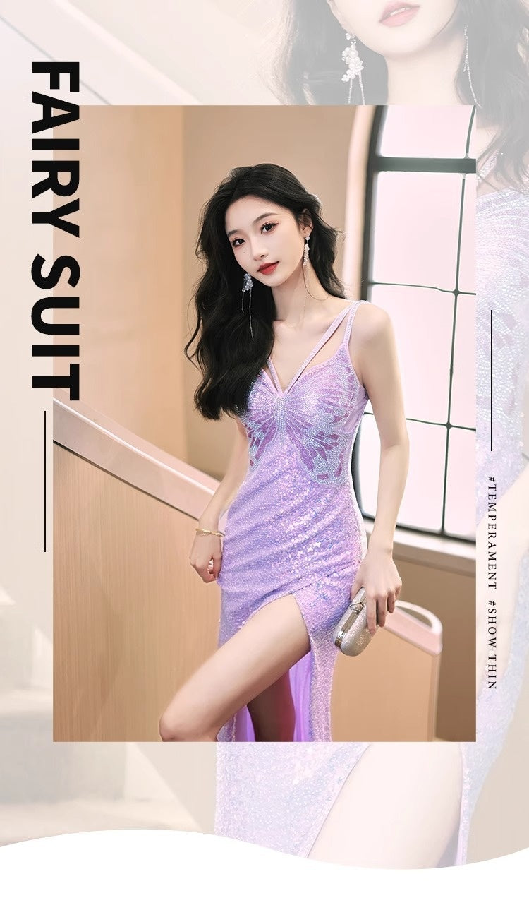 Robe de soirée pailletée Automne et hiver Violet Français Style Banquet haut de gamme