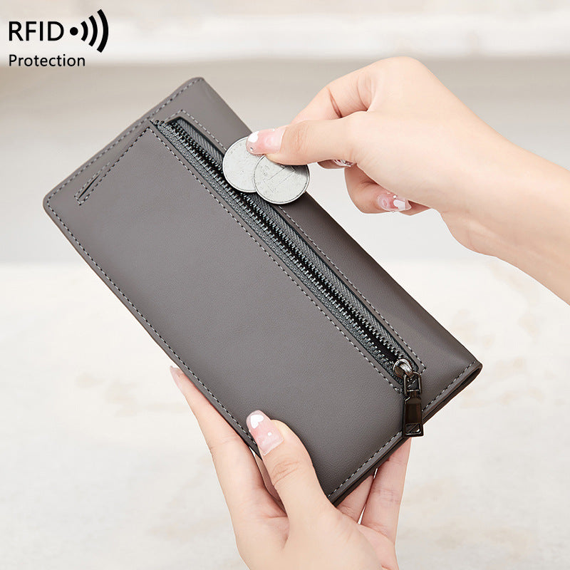 RFID Portefeuille antivol PU simple portable avec fermeture éclair et plusieurs fentes de cartes