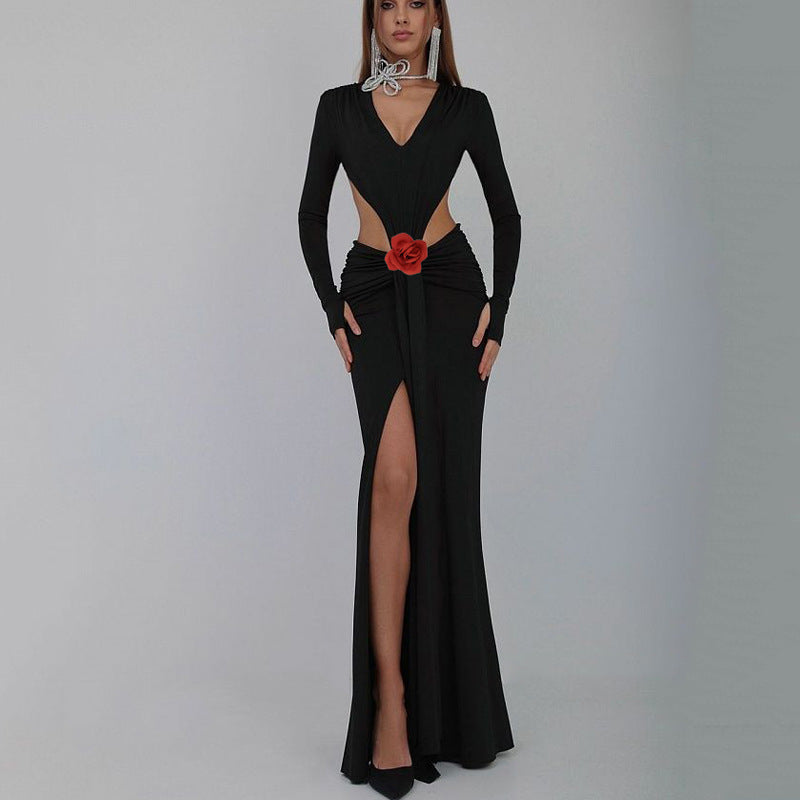 Sexy Col en V manches longues sans dos taille de jupe fleur décorative Split robe de queue de poisson