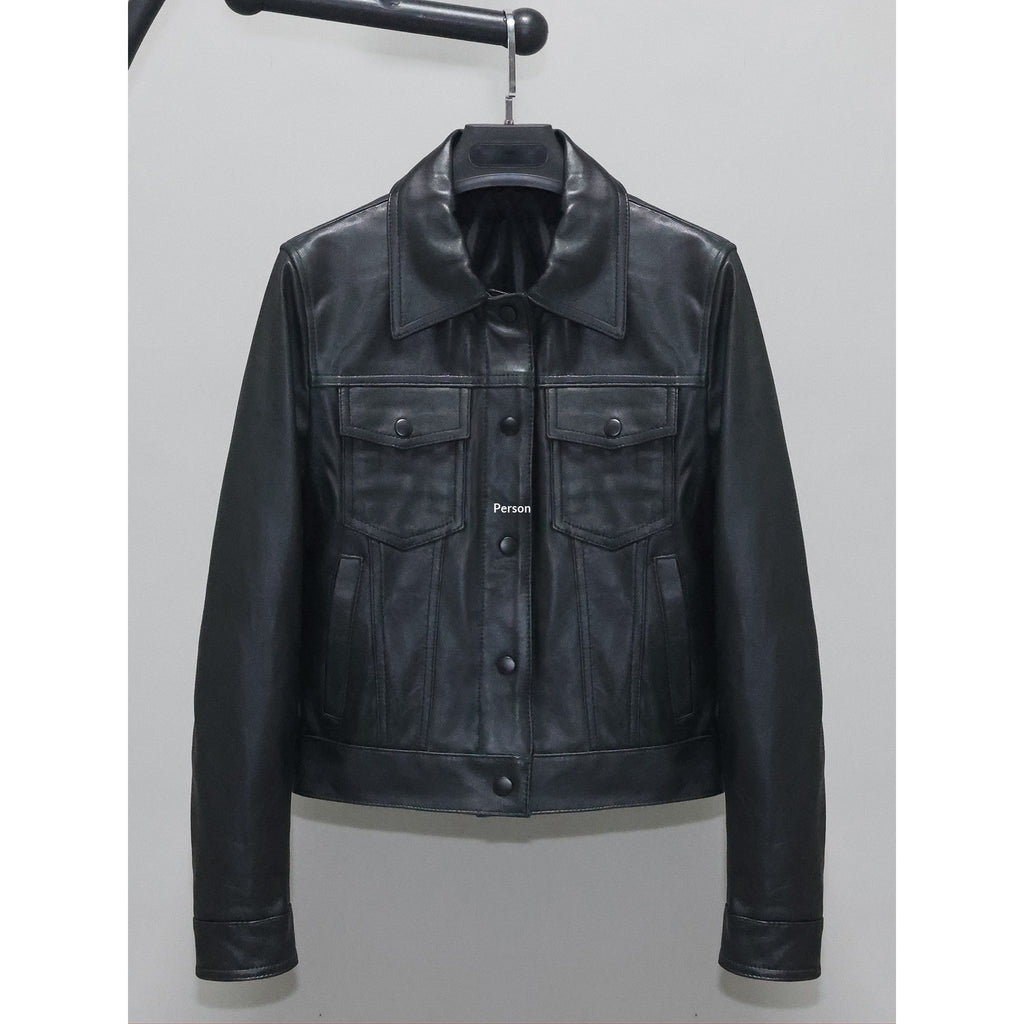 Veste en cuir pour femmes en cuir mince et court