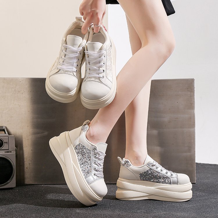 Femmes Glitter Sequin Panel Platform Sneakers Faux Cuir Multi Layer Épaisseur Dentelle C