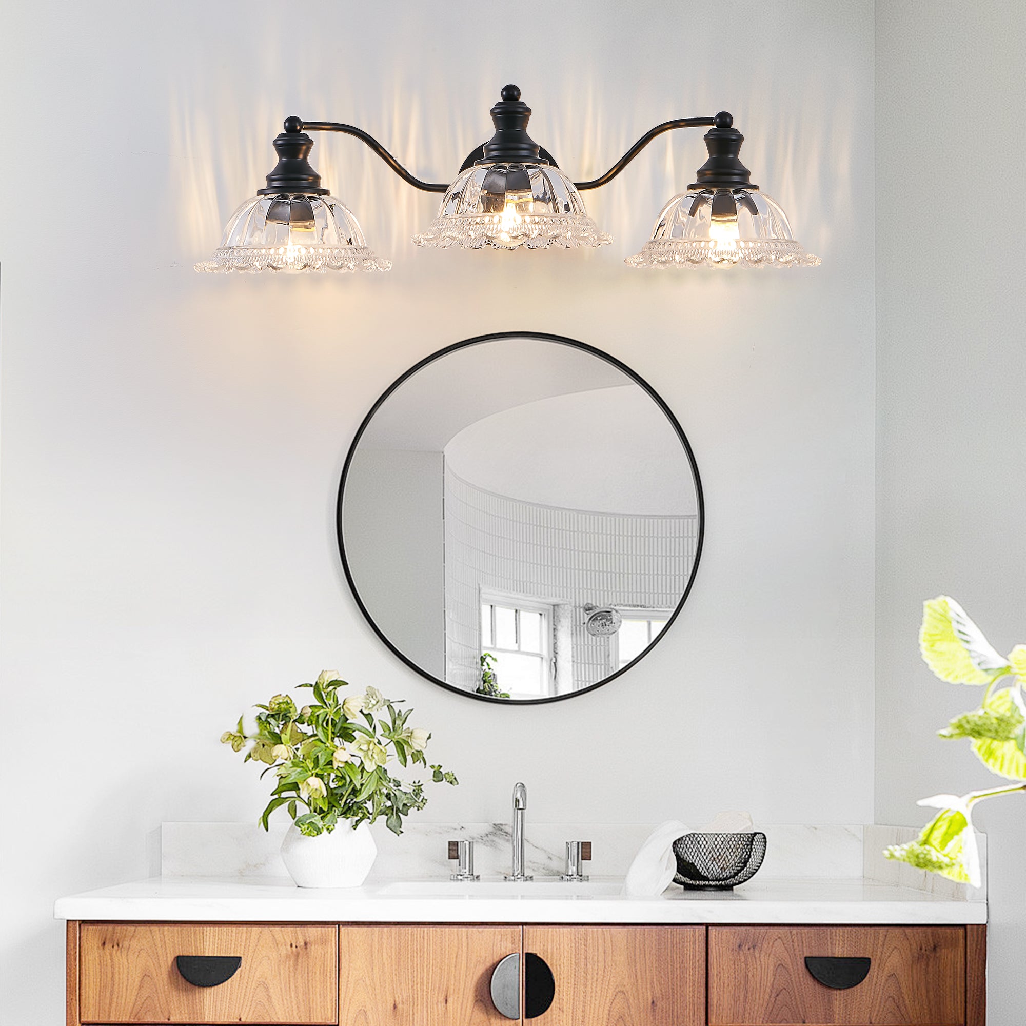 24 pouces 3-Light Vintage salle de bain mur sconce élégant noir métal et verre abat-jour Vanit