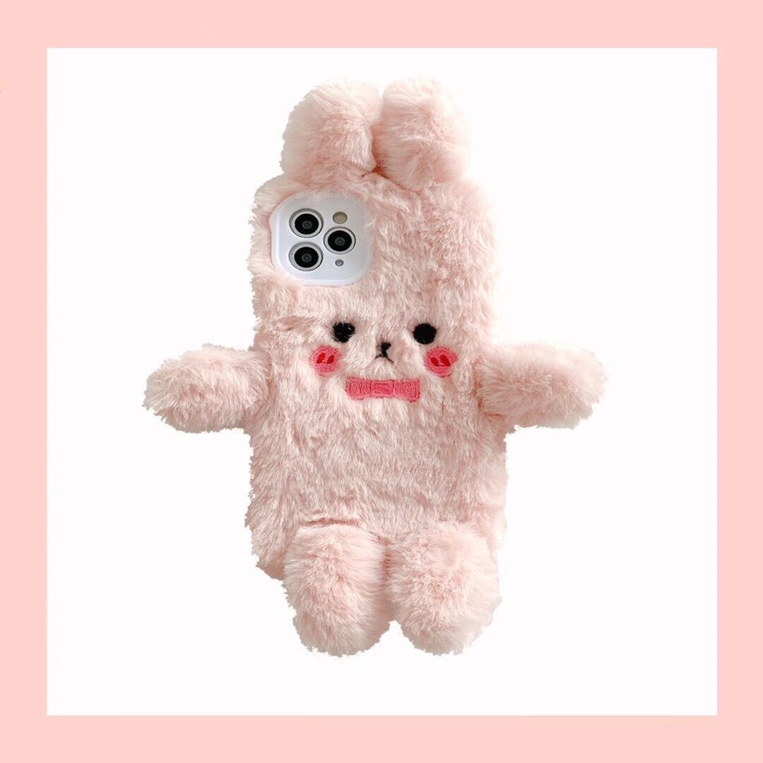 Étui de téléphone en peluche rose lapin