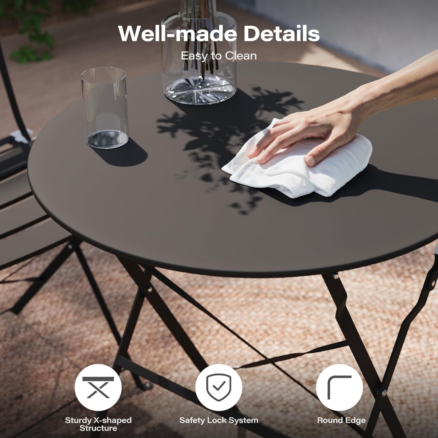 Intérieur Extérieur 3-Piece pliable Bistro Set pliant de meubles de patio extérieur 2 chaises A