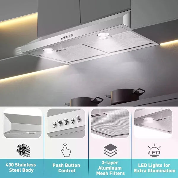 Hotte de cuisine sous cabinet de 30 pouces 500 CFM Acier inoxydable 3-Speed