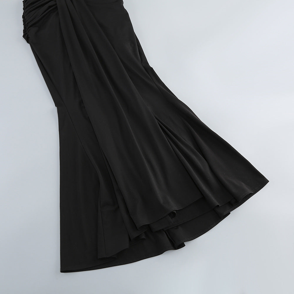 Sexy Col en V manches longues sans dos taille de jupe fleur décorative Split robe de queue de poisson