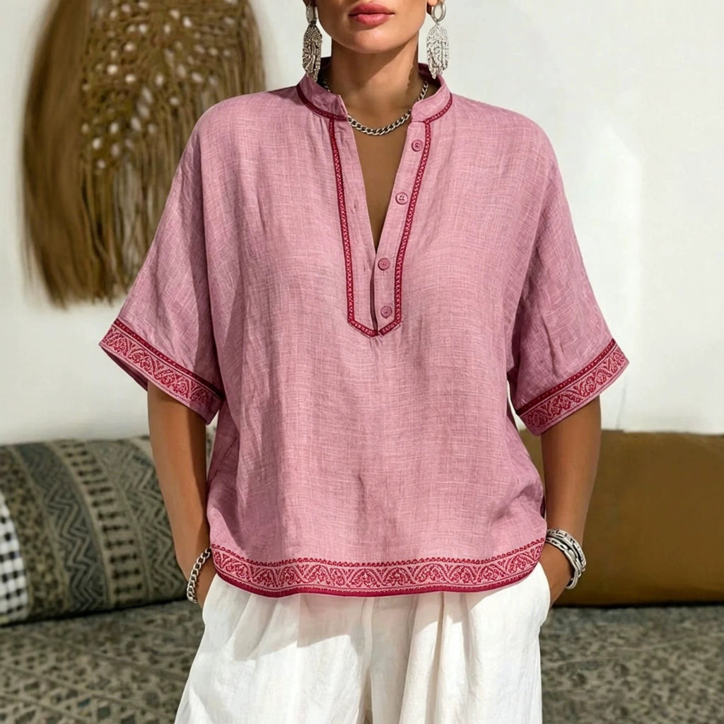 Tee-shirt élégant à col en V avec dentelle et boutons