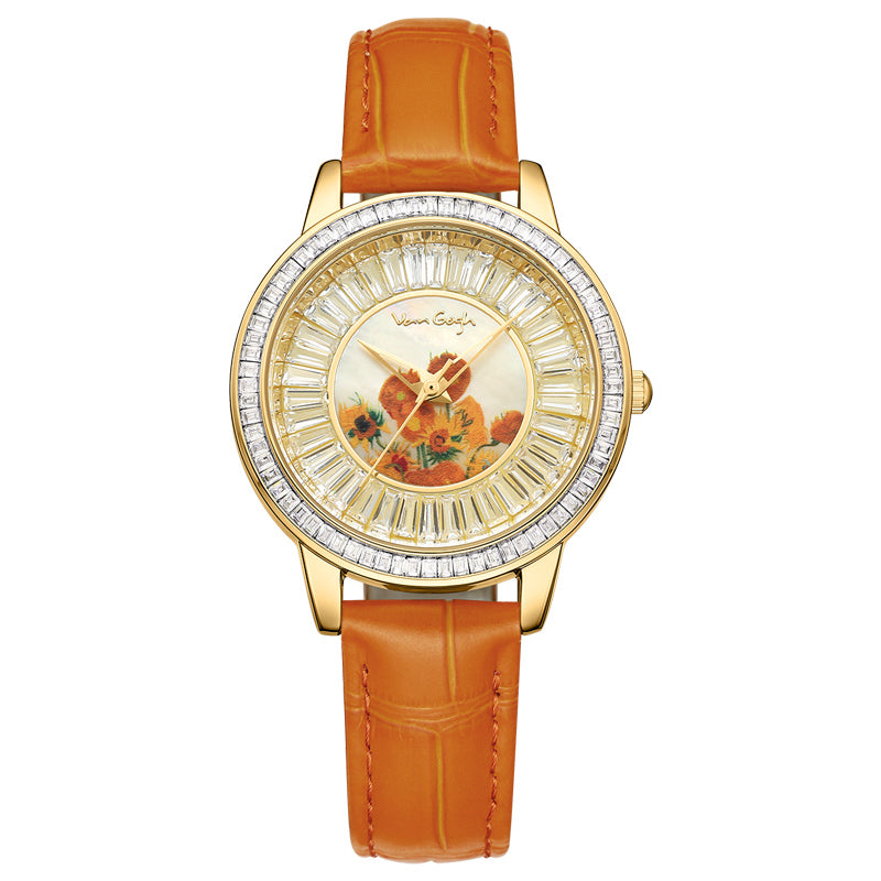 Van Gogh montre à quartz pour femme 3D imprimé peinture à l'huile Cadran complet Zirconium bracelet en cuir Se