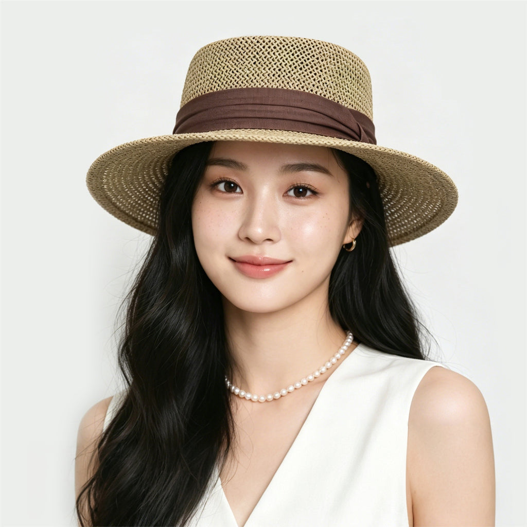 Chapeau de paille plat Hollow de style vieux argent pour femmes