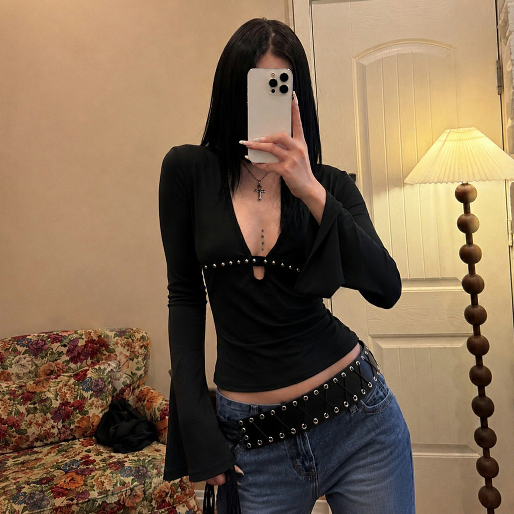 Dark Punk-style Deep V-neck Hollowed-out Studded Slim-fit Long-sleeved