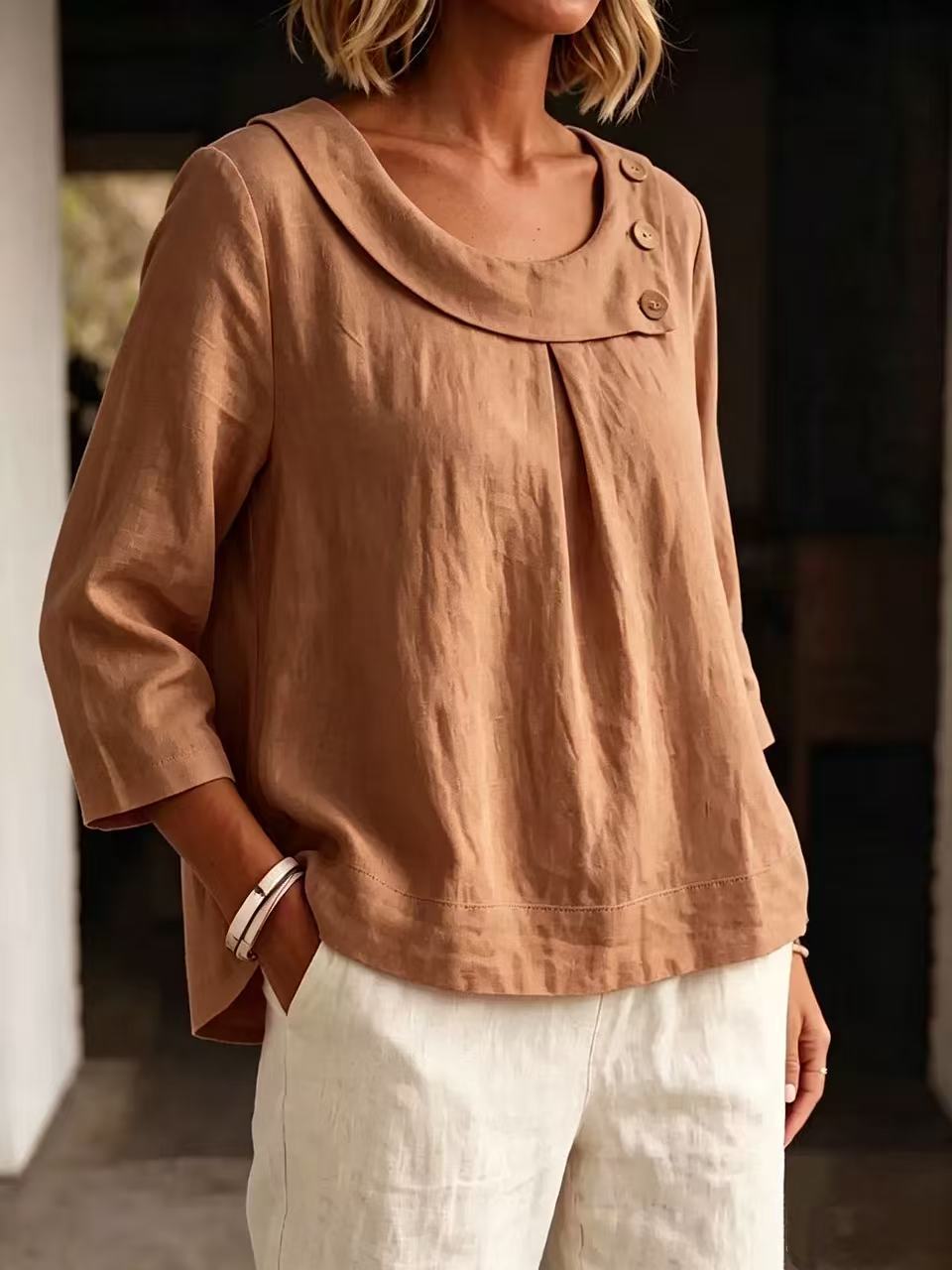European And American Amazon Cotton and Line Casual Elegant Workwear Round Neck Shirt Loo