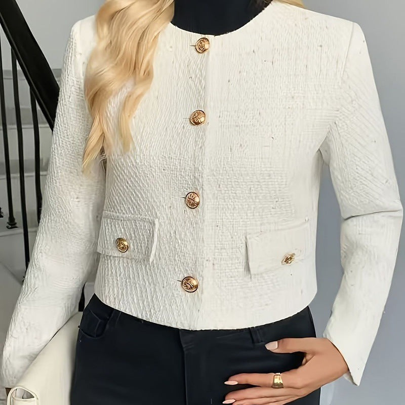 Korean Style Off-white Crew Neck Cropped Coat Button-front Top