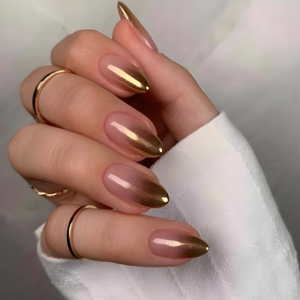 24pcs Ombre Gold Oval Acrylic Press on Nails Minimalist False N