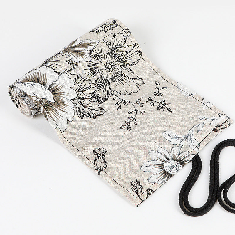 Noir Peony Hefeng imprimé toile rideau de crayon haute capacité sac en rouleau de crayon