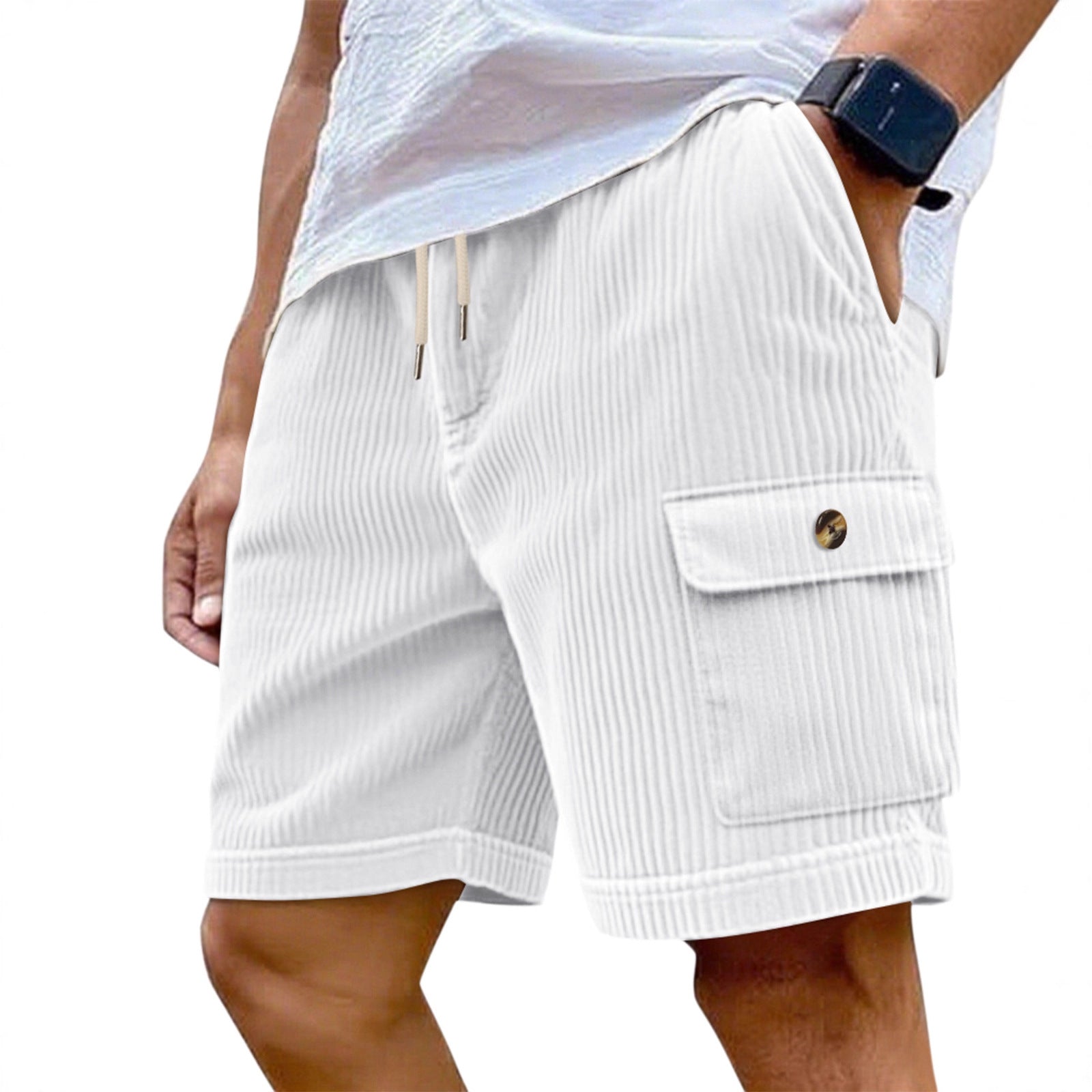 Été Corduroy Multi-Pocket Cinq points Short sport homme Dentelle-Up Casual Voiture de couleur solide