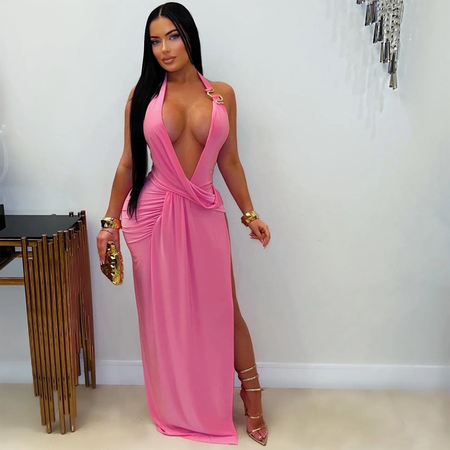 Femme de mode européenne et américaine Sexy Deep V Halter Bodycon Robe sans dos