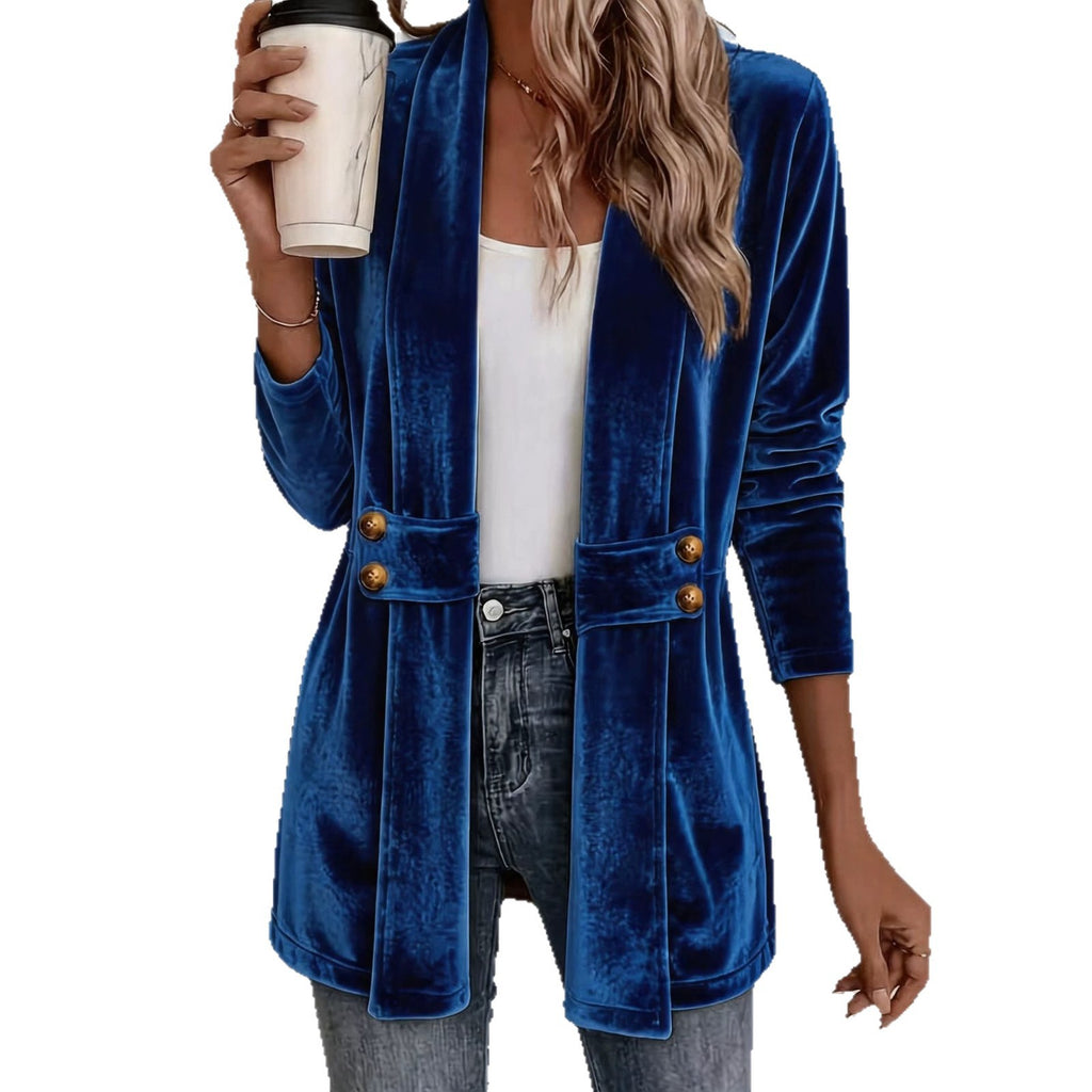 Femmes Velvet Ouvert Cardigan Avant Manches Longues Double Bouton Décor Vêtements de dessus Casual