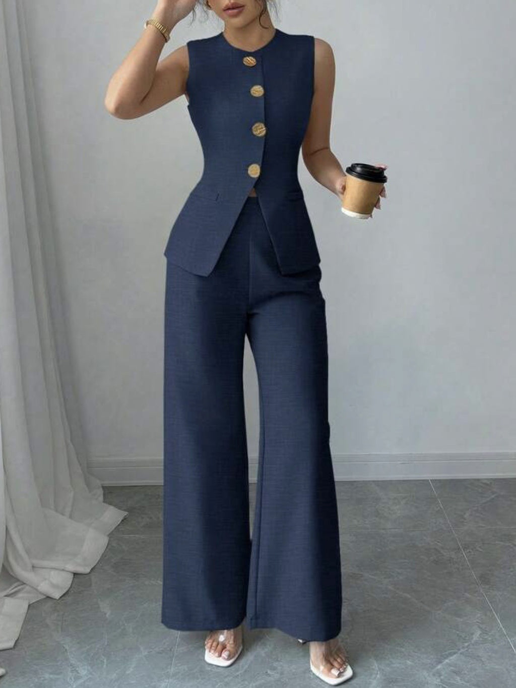 Élégant Veste de couleur unie et pantalons à deux pièces