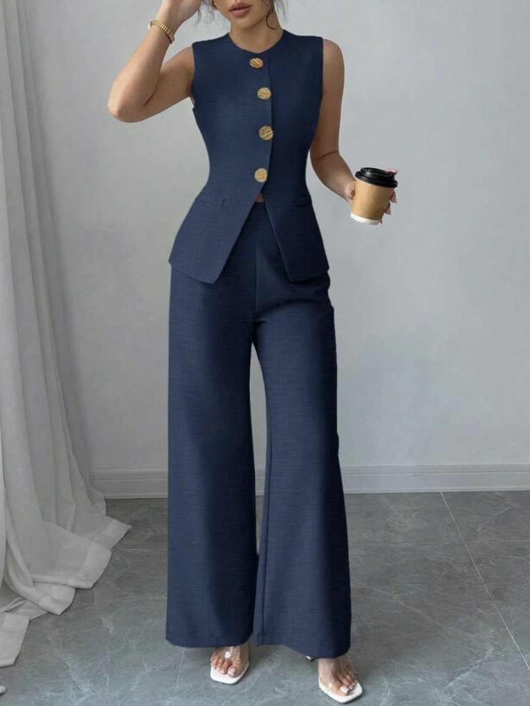 Élégant Veste de couleur unie et pantalons à deux pièces