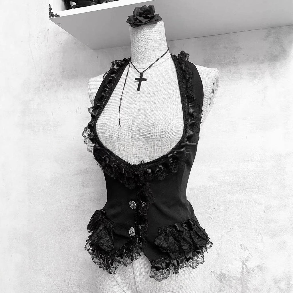 Veste d'haltère en dentelle noire de style gothique foncé pour les femmes