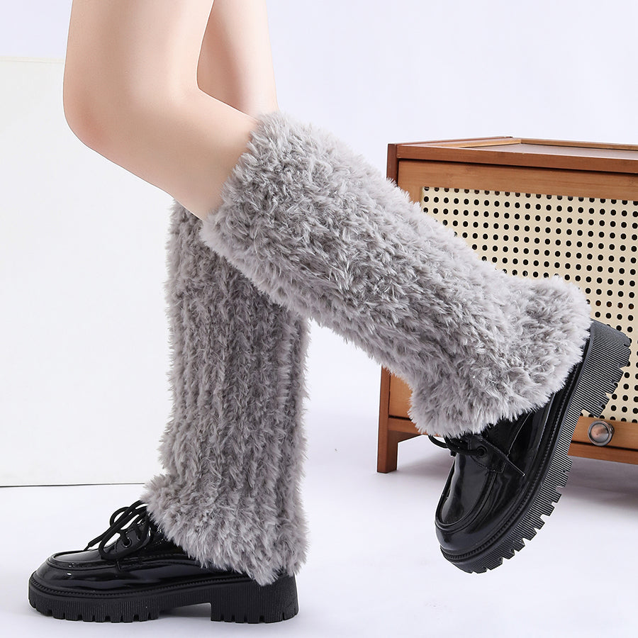 Automne Hiver Solide tricoté housses de chaussettes floues femmes épaissé chaud Y2K style polaire