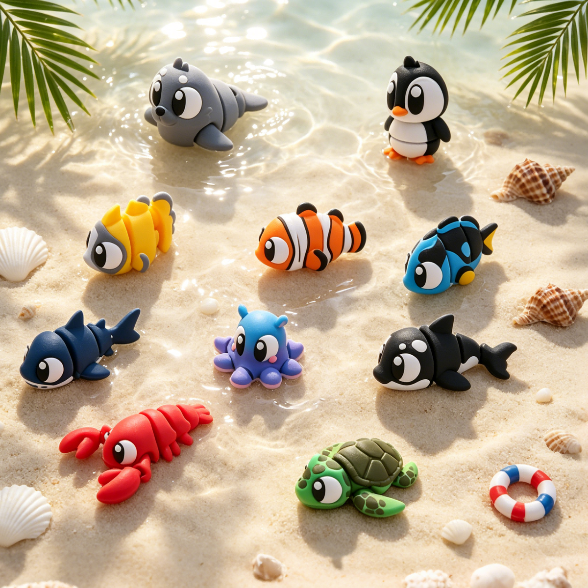 10PCS 3D imprimé Mini jeu de figurines d'animaux d'océan