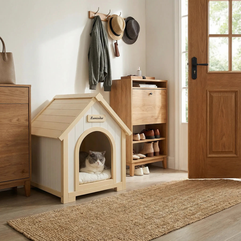 Maison de chien en bois moderne avec coussin EVA – Cèdre solide Pet House pour petits chiens & C