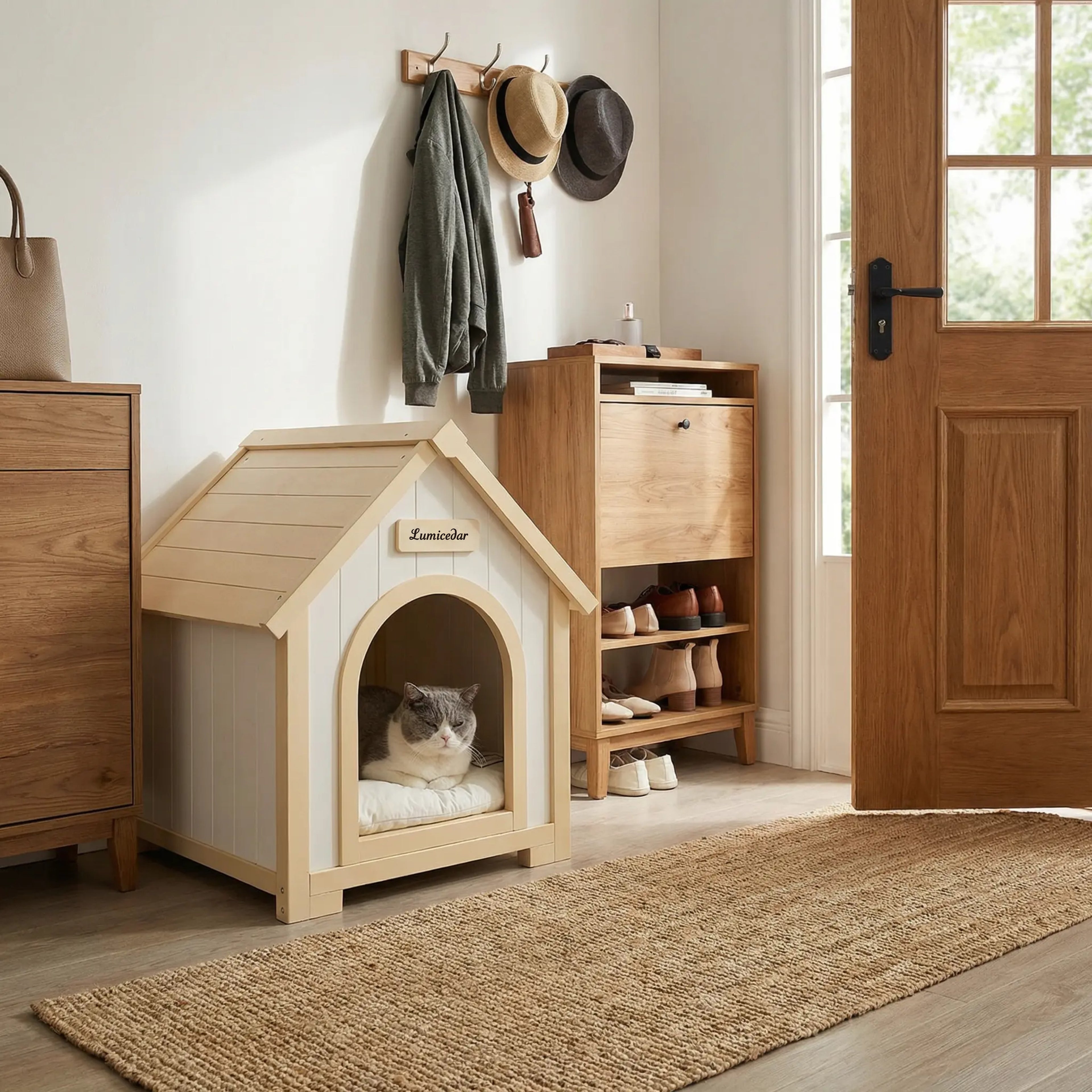 Maison de chien en bois moderne avec coussin EVA – Cèdre solide Pet House pour petits chiens & C