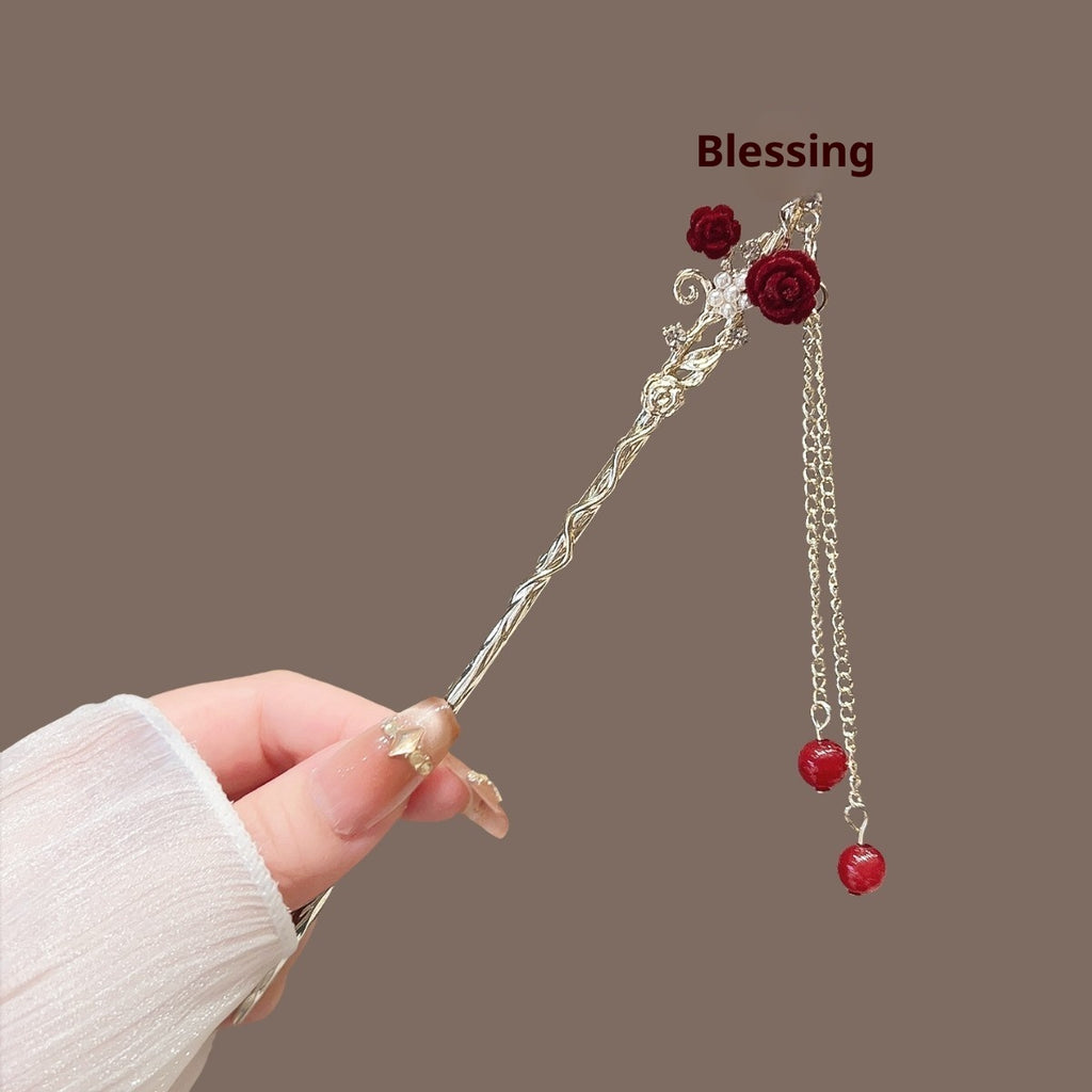 AutumnWinter Flocked Red Flower Hair Stick for Women Ma Mian Style