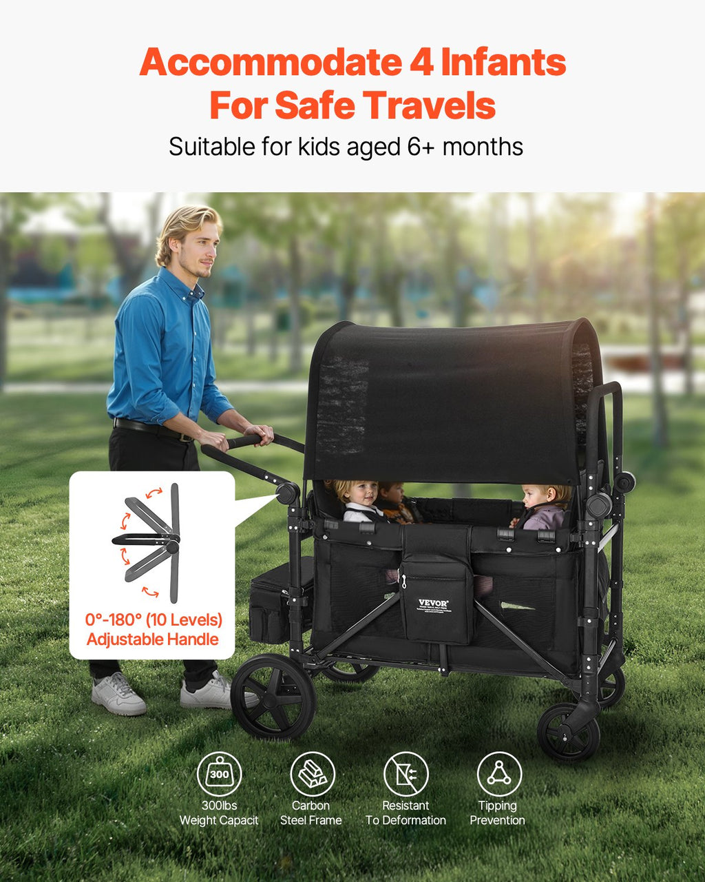 Poussette pour 4 enfants Push Pull Quad Poussette amovible 330LBS Chargement