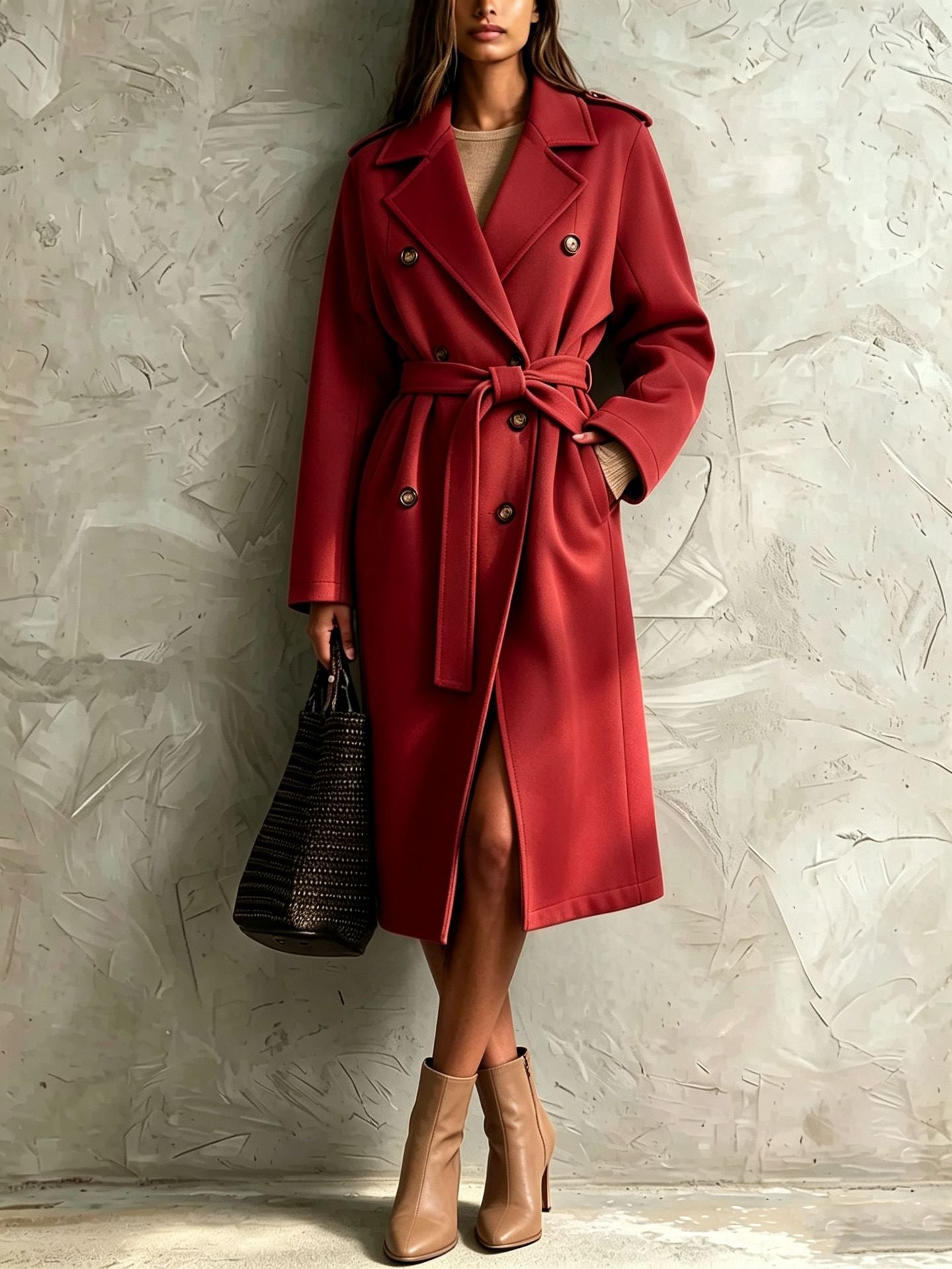 Manteau en laine de longueur moyenne à ceinture double