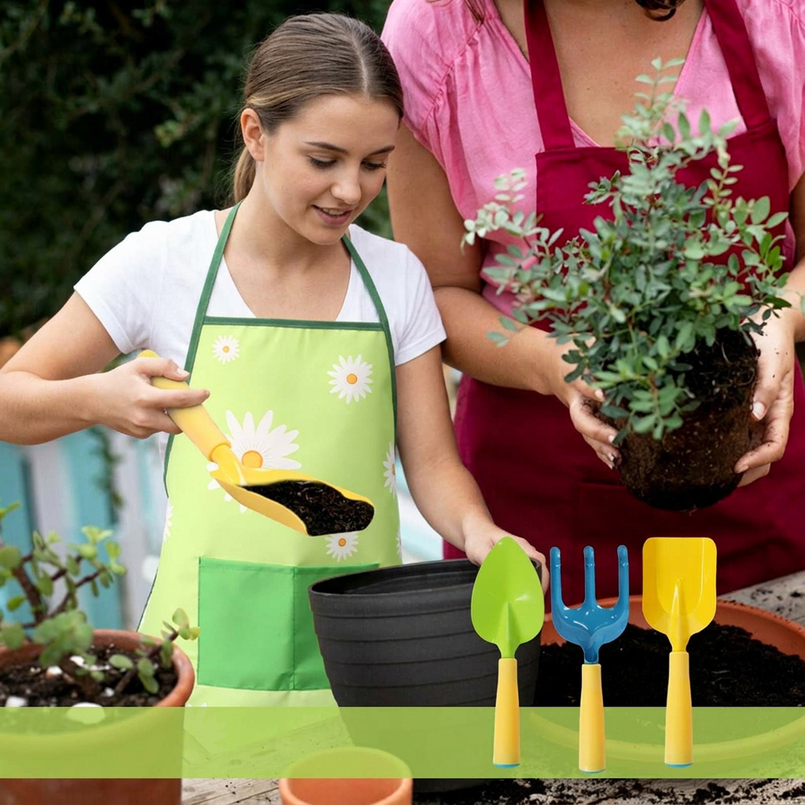 Ensemble d'outils de jardin 3 pièces en jaune avec Tablier Floral - Accessoires pratiques de jardin