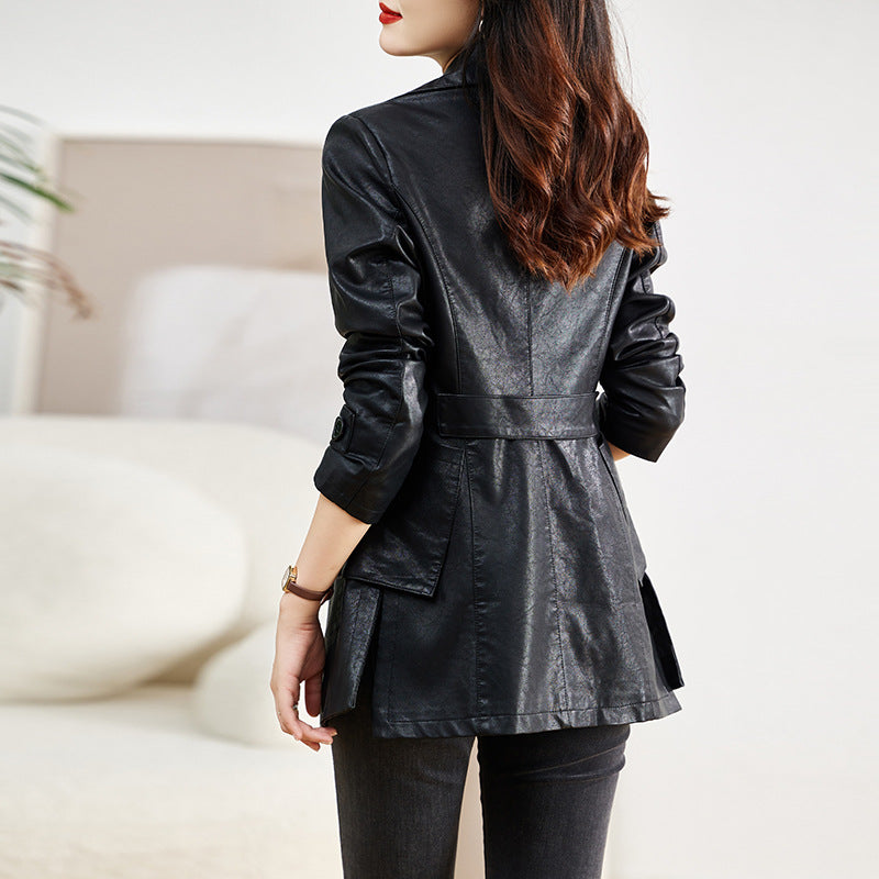 Manteau de cuir mi-long pour femme Printemps et automne