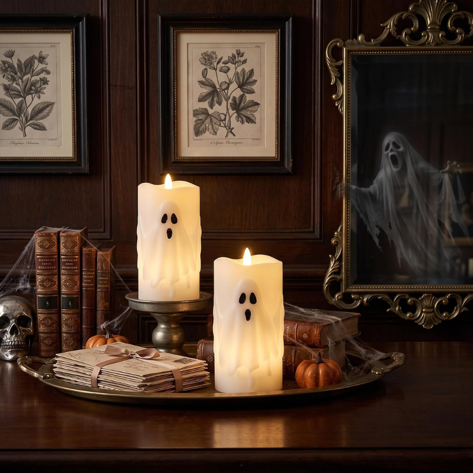 Bougies de pilier sans flamme Halloween Fantôme ensemble de 2 avec télécommande et minuterie