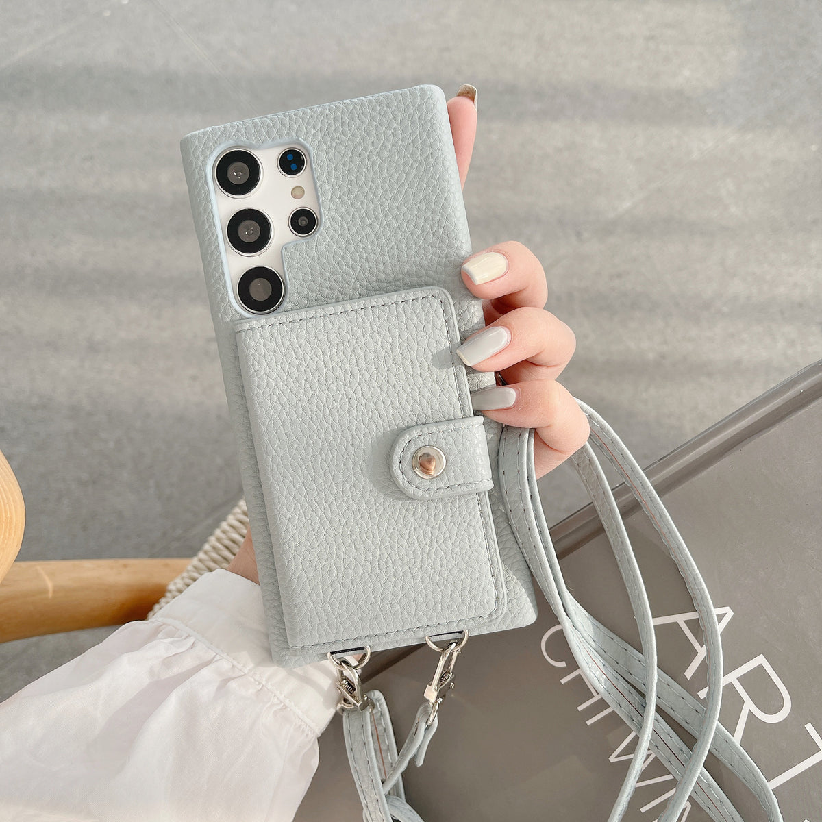 S23Ultra Lychee Carte Pattern Gauche et Droite Étui de téléphone Crossbody ouvert