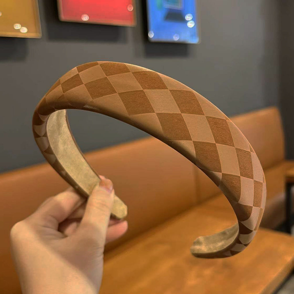 Retro Mode Cuir Haut Crâne Haut Chessboard Bandeau d'éponge Lattice