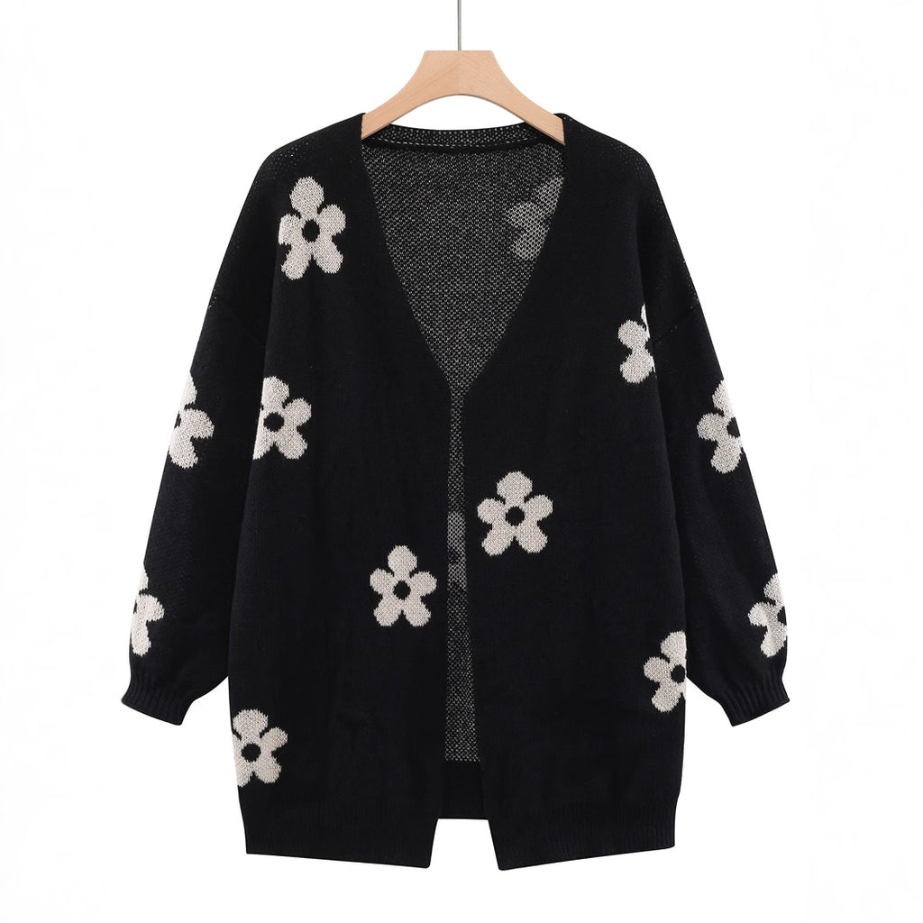 Manteau de cardigan à mailles plus grandes, imprimé floral féminin