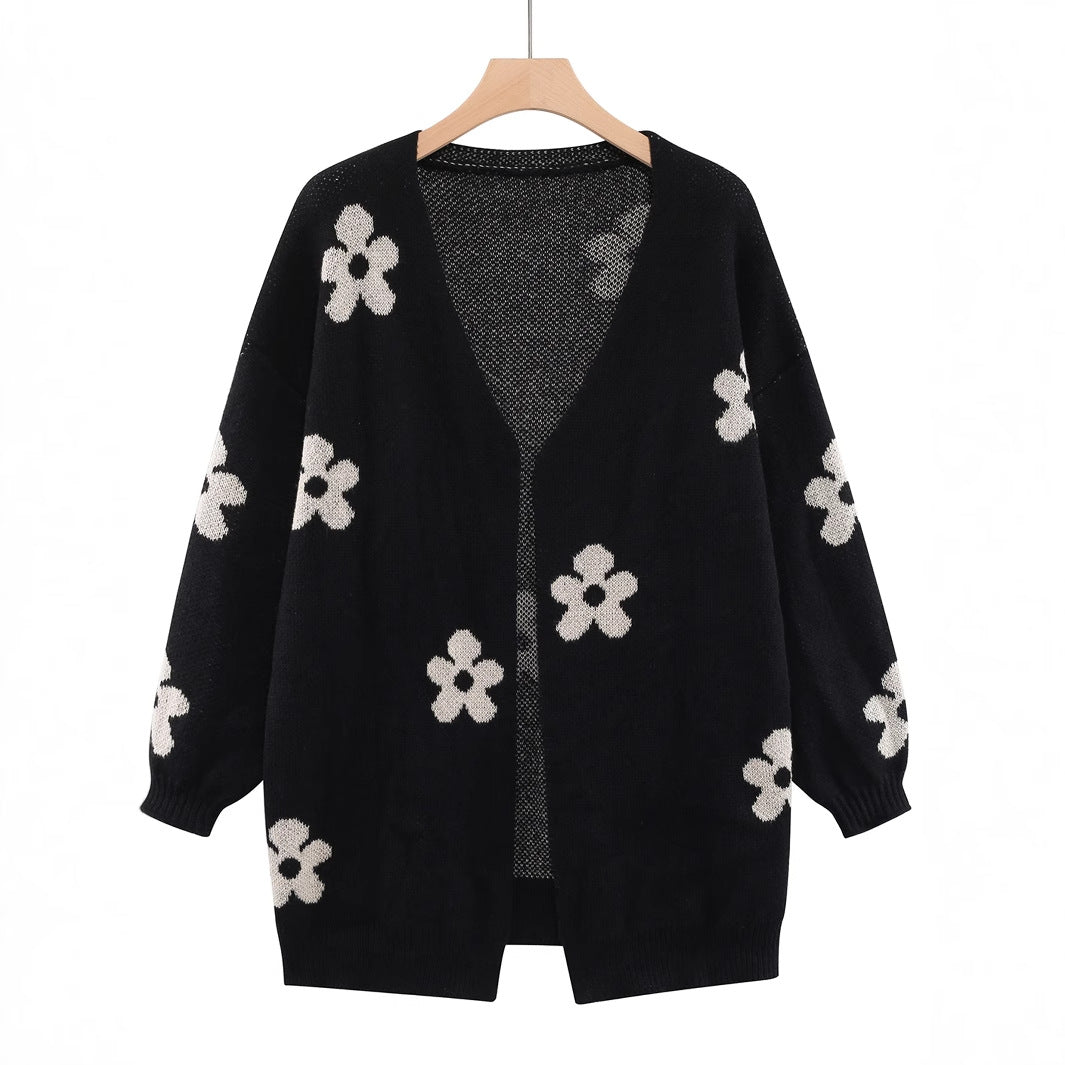 Manteau de cardigan à mailles plus grandes, imprimé floral féminin